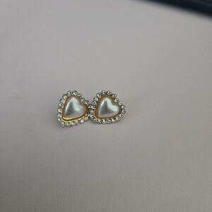 Gold-Tone Pearl Heart Stud Earrings with Crystal Halo - Women Jewelry